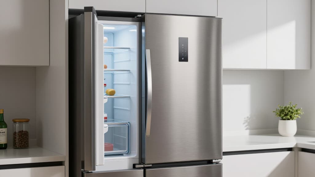 Technician repairing a modern refrigerator in a kitchen in Dixon, CA. A professional appliance repair specialist is inspecting the internal components of a high-end refrigerator with tools in a clean, contemporary kitchen setting in Dixon, California, highlighting efficient and reliable service.