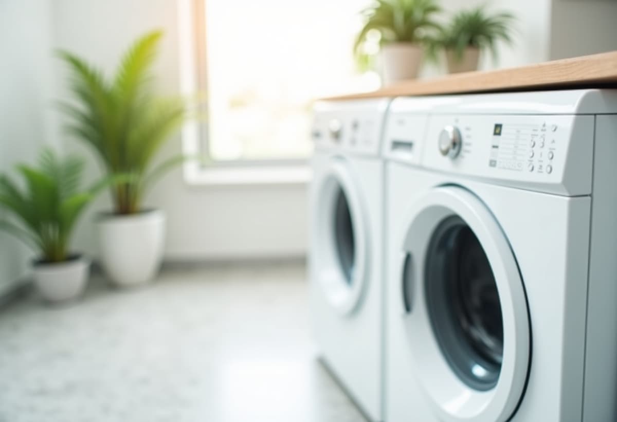 Drying clothes in modern laundry room after repair