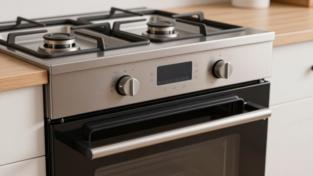 Expert oven and range repair technician diagnosing a gas oven in a modern kitchen in Dixon, CA. The technician is checking the internal components for a heating issue.