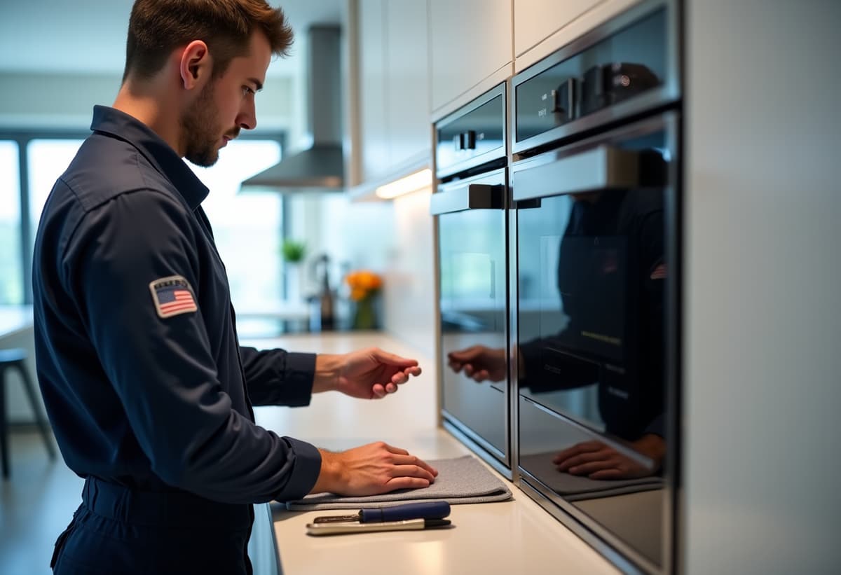 Fair Oaks appliance repair technician inspecting range hood in modern kitchen with customer