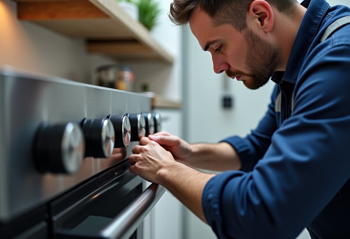 Fair Oaks oven repair technician performing diagnosis of gas oven in kitchen