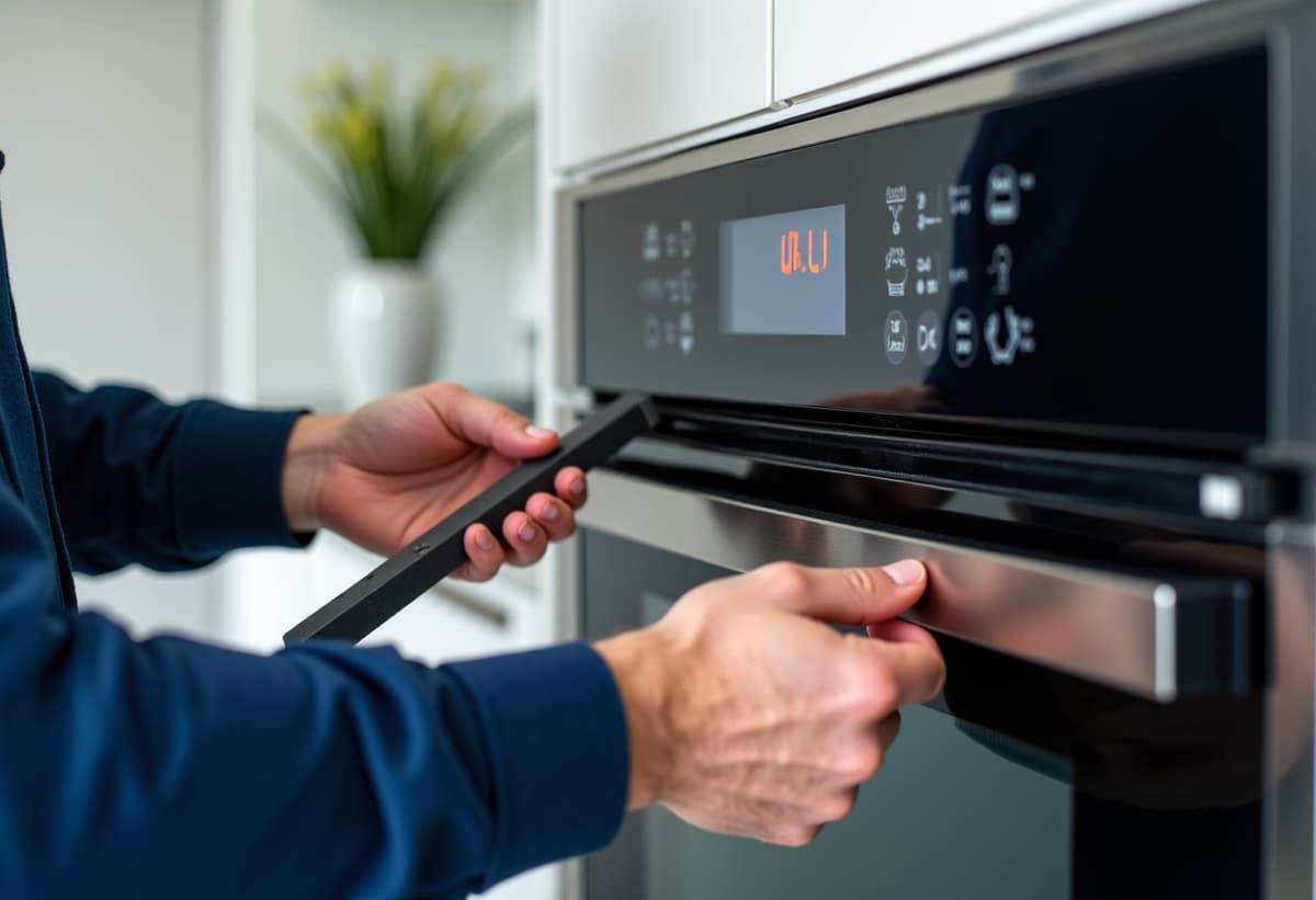 Oven repair technician calibrating a luxury oven