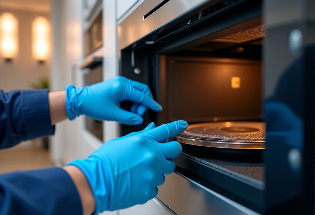 Orangevale appliance repair specialist fixing a microwave oven in a modern kitchen