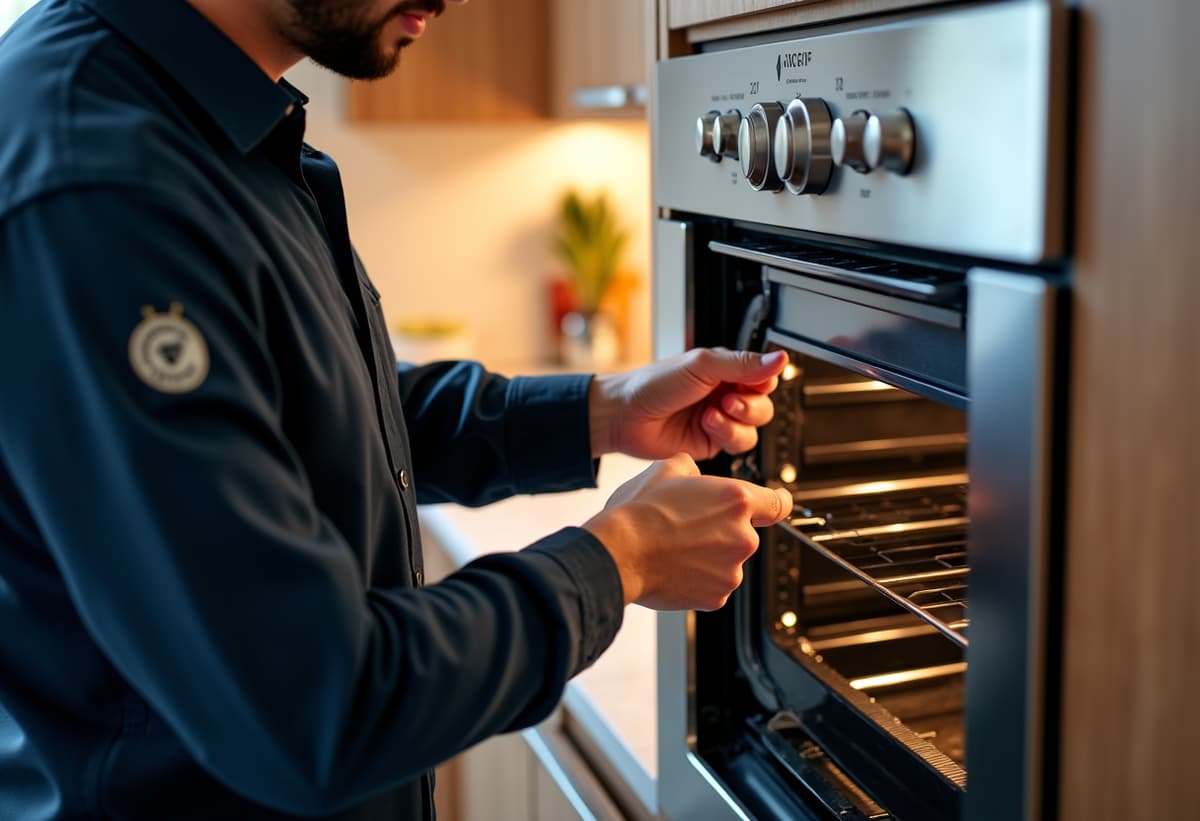 technician working on luxury range in a modern kitchen