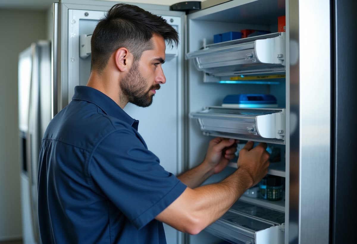 Technician performing refrigerator compressor replacement in West Sacramento