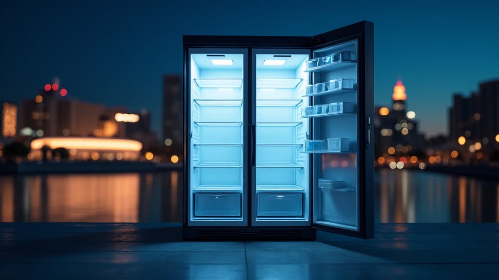 technician inspecting a refrigerator in a Sacramento home with Golden 1 Center in background