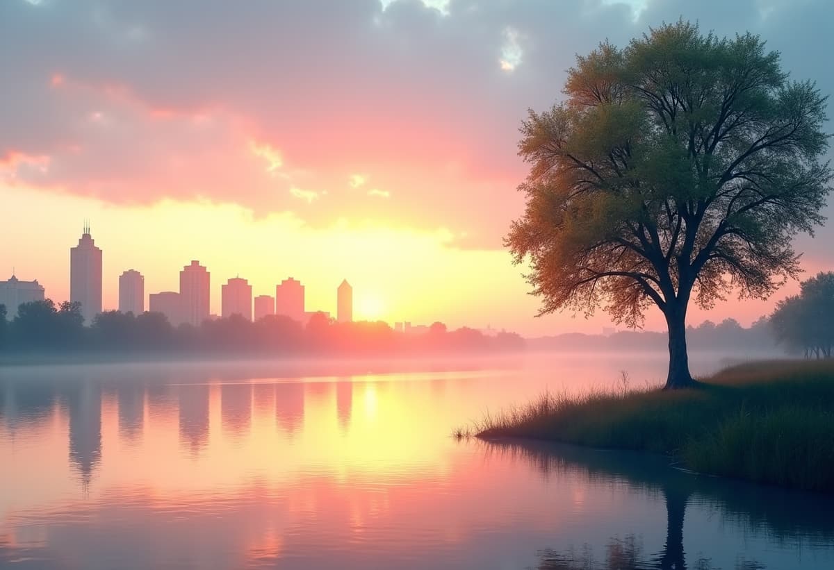 Downtown Sacramento skyline with a river view and trees