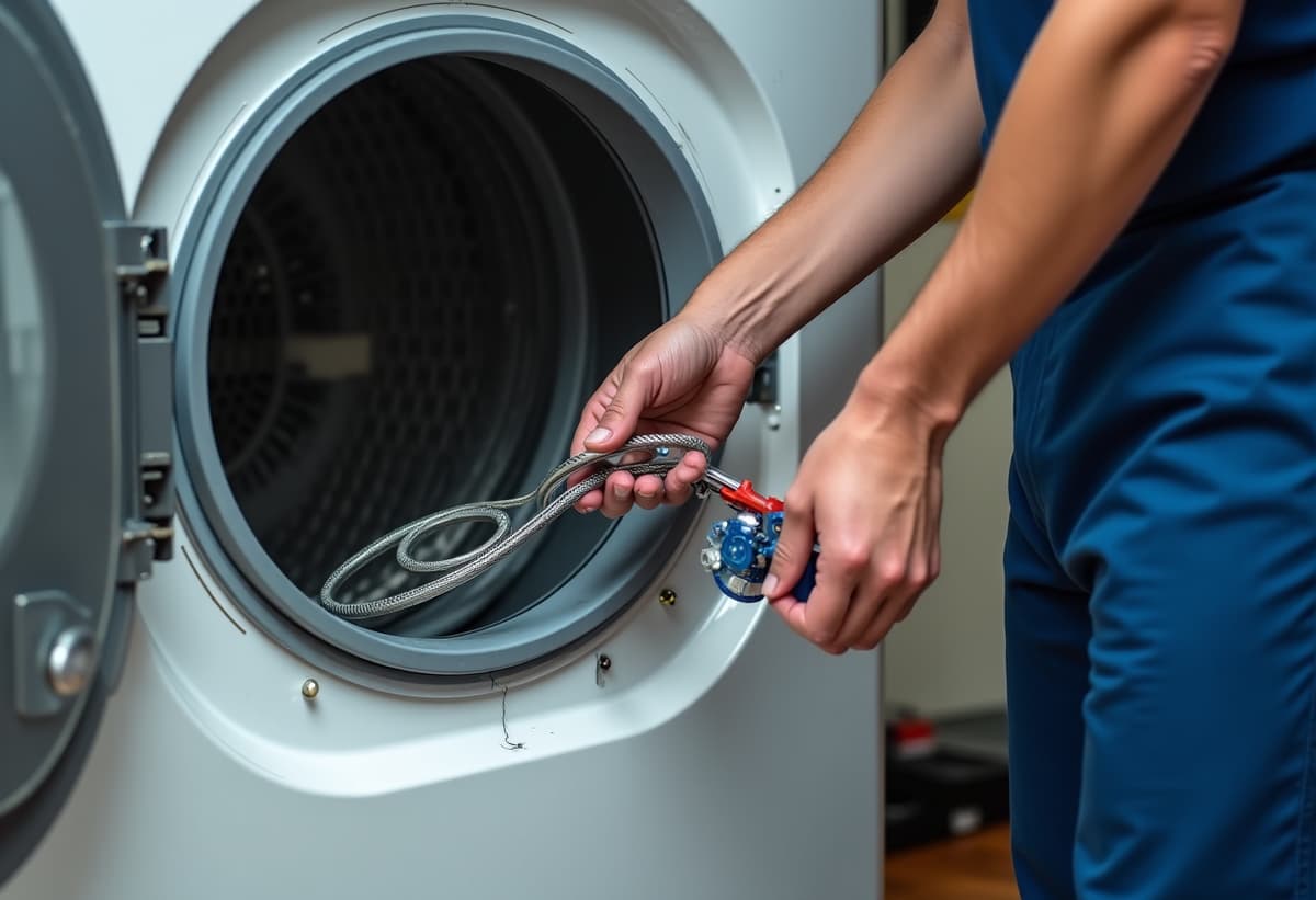 Trusted repair technician working on an open dryer, surrounded by tools and spare parts for Samsung and Whirlpool units