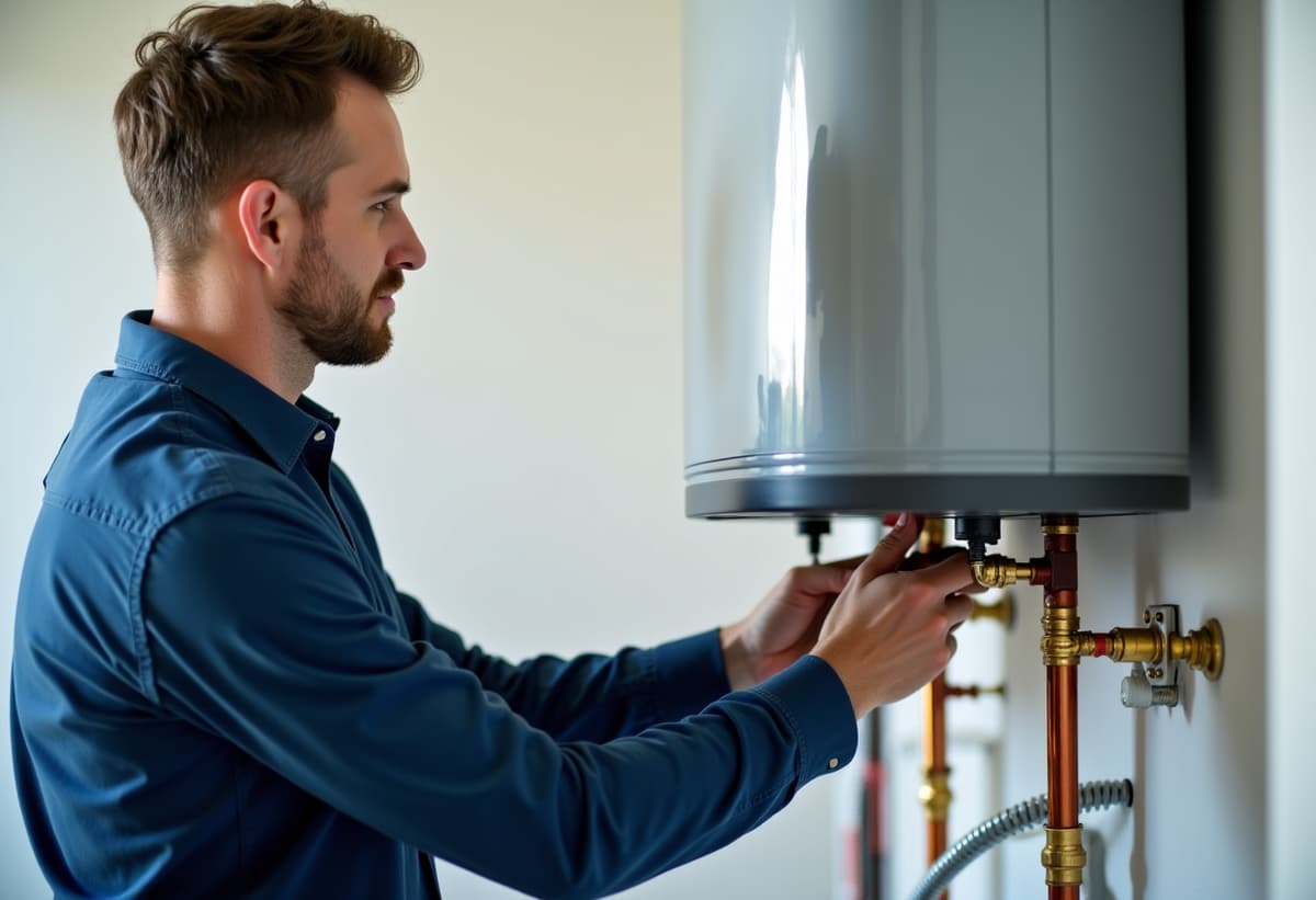 technician inspecting tankless water heater connections Fair Oaks