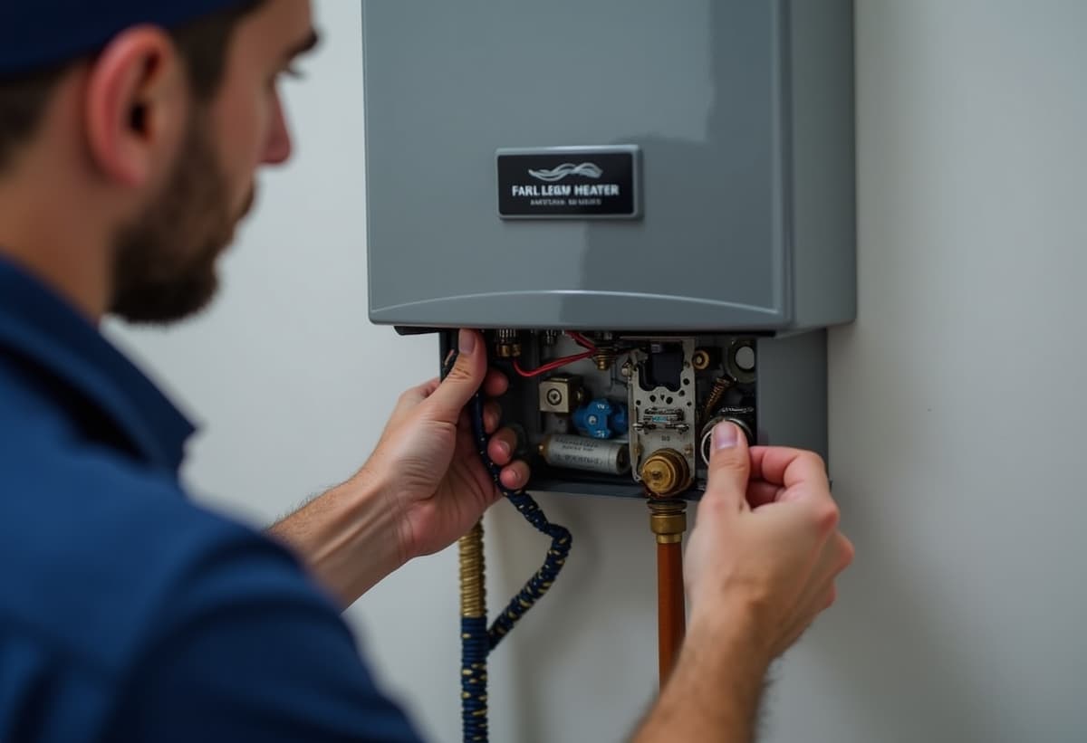 technician performing annual descaling on tankless water heater to prevent mineral buildup and ensure optimal performance