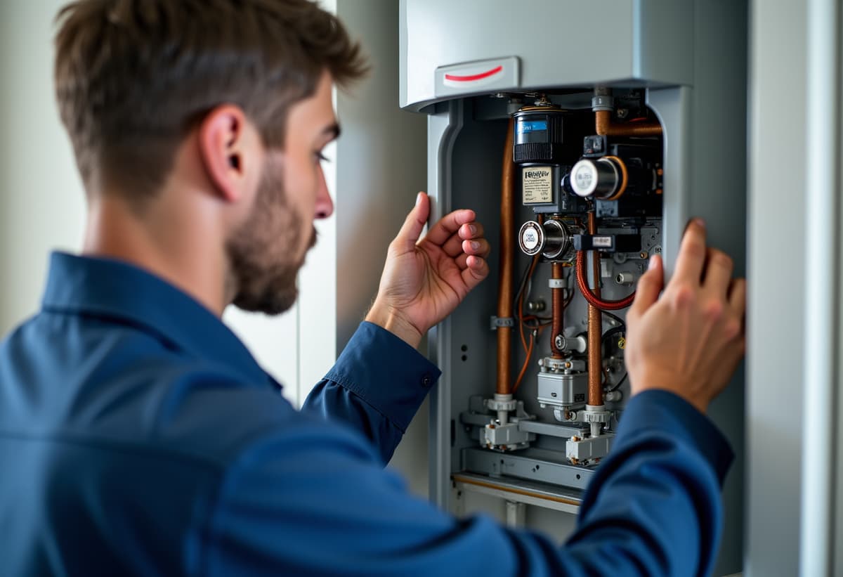 Technician repairing Rinnai tankless water heater at a Rancho Cordova home.