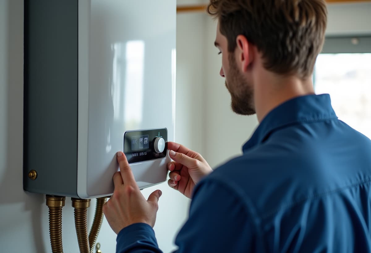 Technician repairing a tankless water heater in a Fair Oaks home