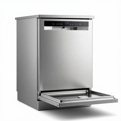 Professional dishwasher repair technician smiling while inspecting a dishwasher in a modern kitchen in Dixon, CA. Technician is wearing a uniform and holding a tool, representing reliable and expert service.
