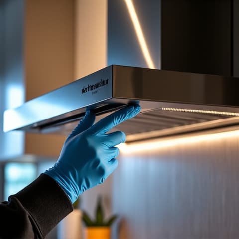 After-repair cleaning of a Thermador Professional Range Hood. Demonstrating final touches and thorough cleaning after a successful repair in a premium kitchen environment.