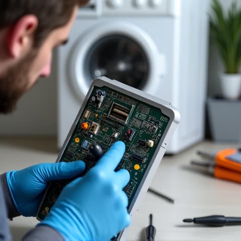 Experienced appliance technician at work in Folsom. An overall view of a technician working diligently on a washing machine in a residential home, showcasing professionalism and a clean work environment.