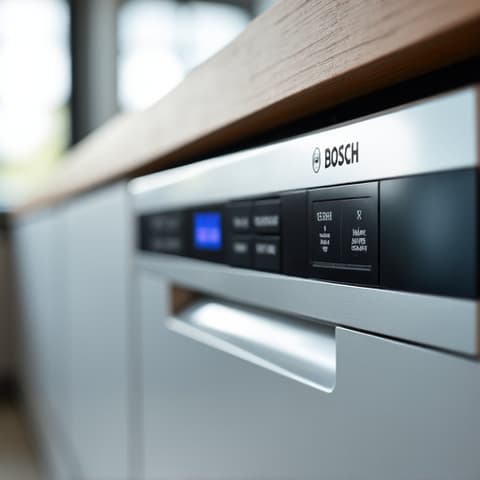 Technician performing diagnostics on a high-end Bosch dishwasher in an Elk Grove residence, ensuring proper function near Elk Grove Blvd.