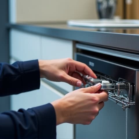 Technician checking the spray arm of a Bosch dishwasher in an Elk Grove home, ensuring optimal cleaning.