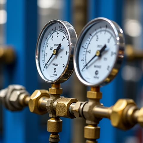 Close-up of a technician using a manifold gauge set during refrigerant service, showcasing attention to detail in monitoring pressures for optimal system performance. Hands operating a manifold gauge set, connected to an appliance for refrigerant charging or diagnostics.
