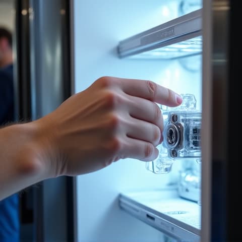 Built-In Refrigerator Ice Maker Repair near Golfland Sunsplash. Close-up of a technician repairing an ice maker in a built-in luxury refrigerator, demonstrating careful work in Roseville homes.