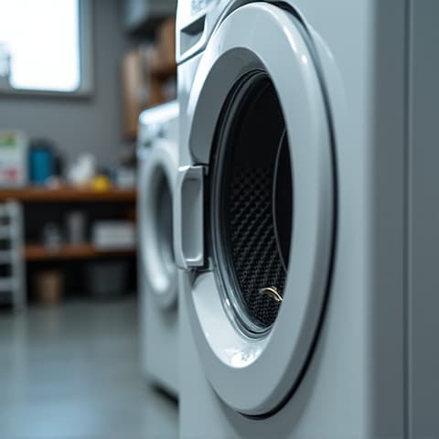 Carmichael dryer repair technician replacing heating element for a front-loading dryer with tools around. Professional dryer heating element replacement in Carmichael. A technician in uniform is meticulously working on the internal components of a high-efficiency dryer, ensuring proper function and safety.