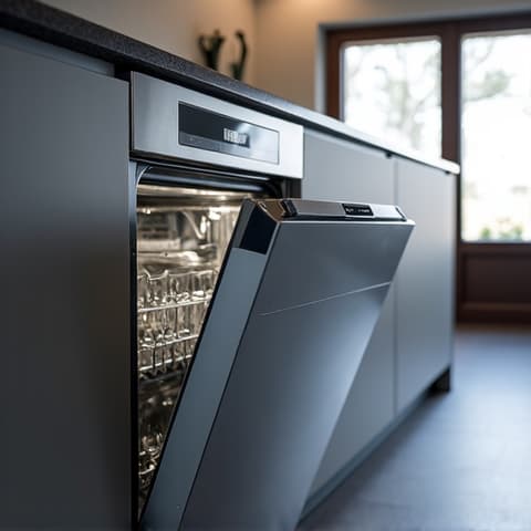 Citrus Heights dishwasher repair technician servicing a Bosch dishwasher in a modern kitchen near Sunrise Mall, ensuring efficient and quiet operation.