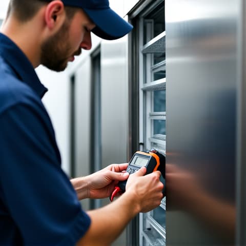 Commercial freezer diagnostics in a Sacramento restaurant kitchen, technician checking temperatures and components for efficient operation. Essential for food preservation.