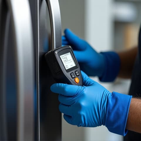 Diagnosing a sealed system issue on a commercial freezer, illustrating the technical expertise required for complex refrigeration repairs. Technician using diagnostic tools on a large commercial freezer, identifying a sealed system problem.