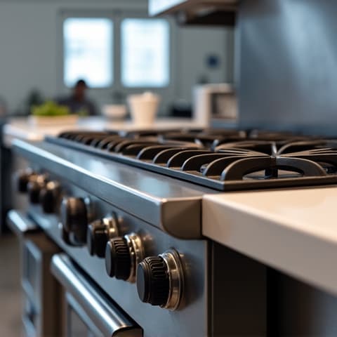 Commercial Range Maintenance in Citrus Heights. Technician performing routine maintenance on a large commercial range in a kitchen, ensuring longevity and performance.