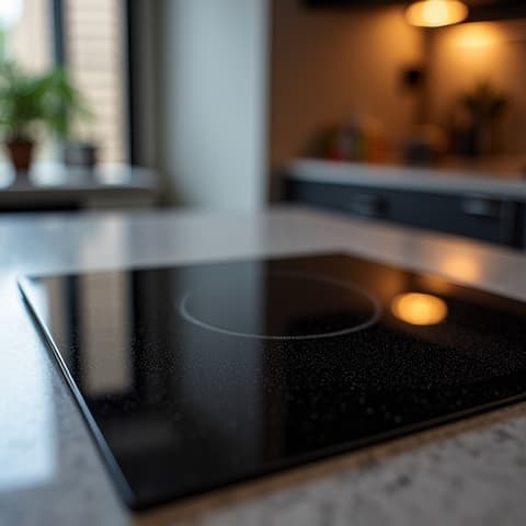 Before and after view of a restored glass cooktop surface in Folsom, showing removal of scratches and blemishes