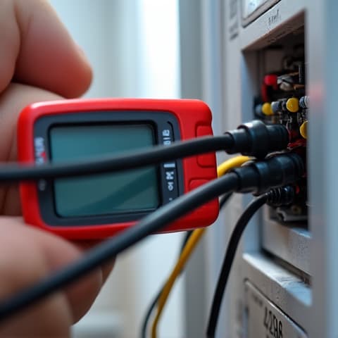 Diagnosing dryer malfunction in Roseville with expert technician tools. A repair expert using specialized tools to diagnose a dryer malfunction in a Roseville home, focusing on electrical circuits and components.