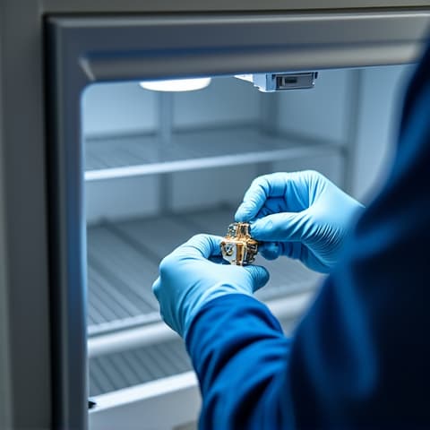 Diagnostic testing on a luxury freezer in West Sacramento, technician using specialized tools to identify performance issues in a high-end unit. Precise problem-solving.