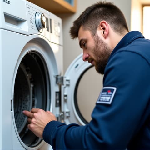 Electric Dryer Belt Replacement in Rancho Cordova. An expert technician replacing a worn-out drive belt in an electric dryer, providing service in Rancho Cordova, CA.