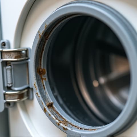 Before image of a washing machine gasket with visible mold and grime buildup, requiring thorough cleaning in an East Elk Grove household. A close-up view highlighting the unsanitary conditions.