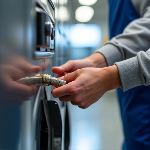 Gas dryer safety check by an expert in Citrus Heights. Technician meticulously inspecting gas lines and connections, emphasizing professional gas safety checks for residential dryers.