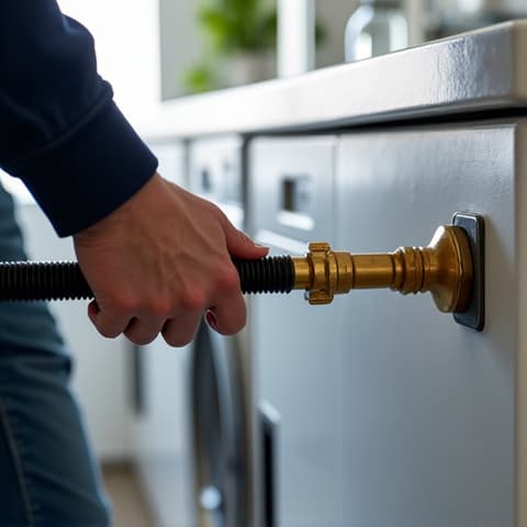 Gas Dryer Vent Cleaning at a Sacramento Home. A technician inspecting and cleaning a gas dryer vent, ensuring safety and efficiency in a Sacramento metropolitan area residence.