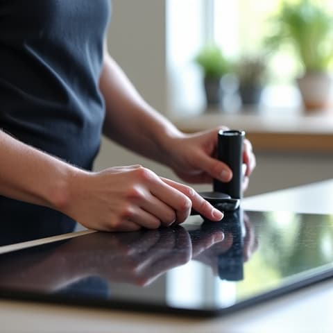 Induction Cooktop Repair in Sacramento. A specialist technician focused on repairing an induction cooktop, emphasizing modern appliance expertise.