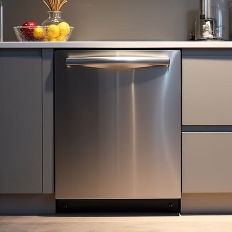 Integrated Dishwasher Repair Sacramento. A recently repaired integrated dishwasher blends seamlessly into the cabinetry of a Sacramento luxury kitchen, appearing brand new.