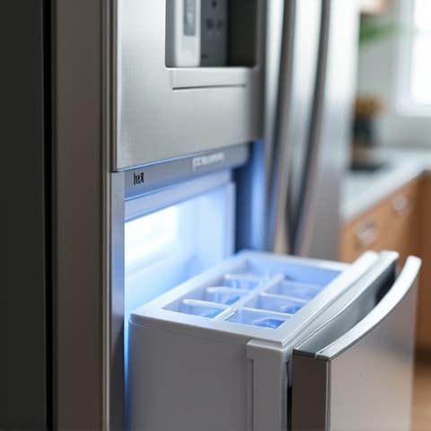 KitchenAid Ice Maker Repair in Natomas. A technician working on the ice maker inside a KitchenAid refrigerator, checking components.