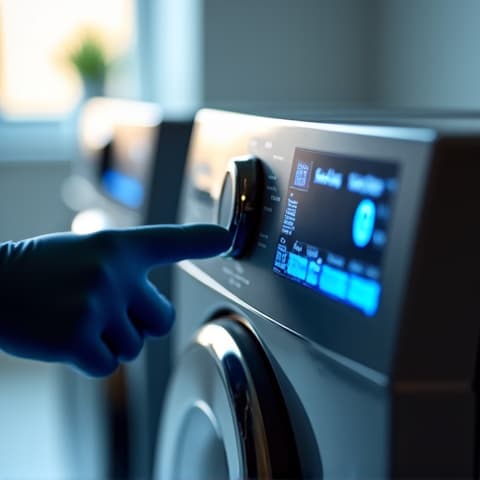 LG Front Load Washer Control Panel Fix in Natomas. Close-up of a technician repairing the control panel of an LG front-load washing machine, showing diagnostic tools in a clean Natomas residence.