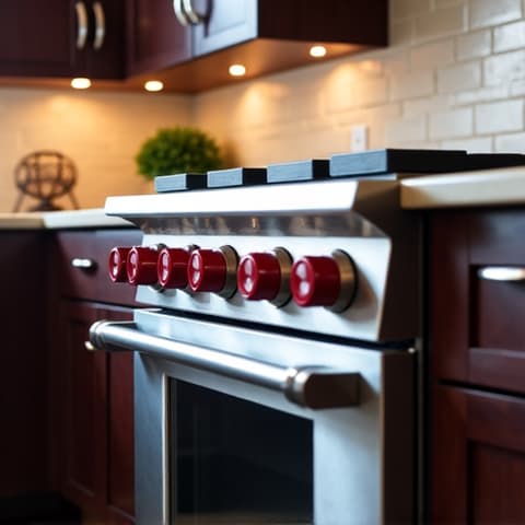 Completed luxury appliance repair with the Wolf logo visible. A clean shot of a newly repaired Wolf appliance in a high-end Natomas kitchen, highlighting the immaculate finish and restored functionality.