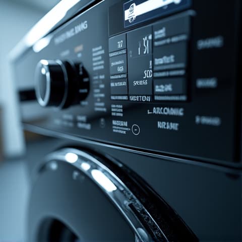 Expert examining the control panel of a high-end luxury washing machine, troubleshooting electronic issues in a Carmichael residence. Advanced diagnostic skills.
