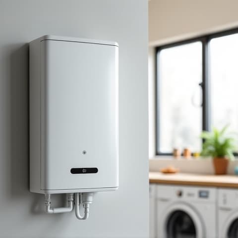 Newly installed tankless water heater mounted on a wall in a Natomas laundry room, showcasing a clean and modern setup