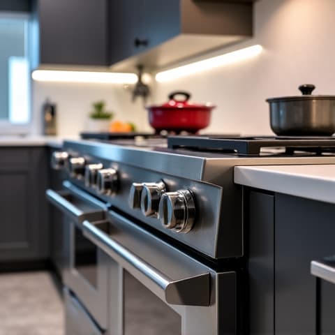 Fixed Wolf Oven in a Gourmet Kitchen. A fully repaired Wolf oven gleaming in a sophisticated kitchen, reflecting the high standards of luxury appliance care provided.
