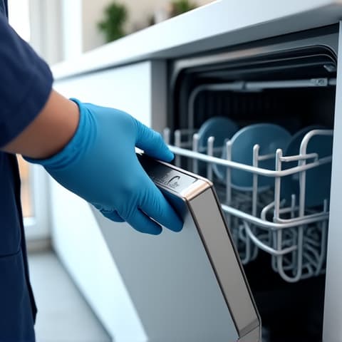 Integrated Dishwasher Tune-Up in Folsom. Technician performing a routine tune-up on a built-in dishwasher in a Folsom home, ensuring longevity and efficient operation.