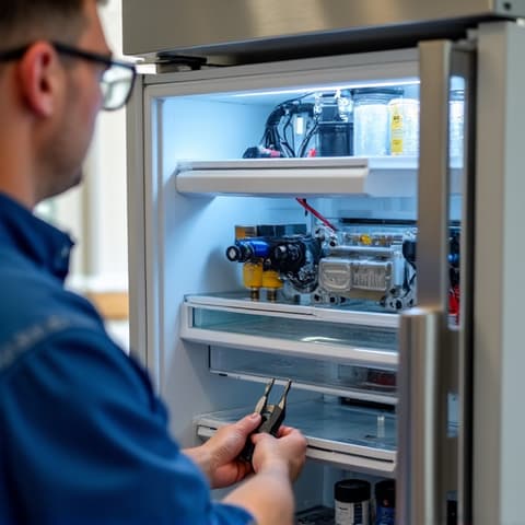 Refrigerator sealed system repair in Sacramento, CA. A professional technician performing a sealed system repair on a high-end refrigerator, highlighting precision work and specialized tools.