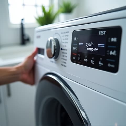 Post-Repair Washer Testing. A washing machine running a test cycle after a repair, with a technician observing, ensuring full functionality and customer satisfaction.