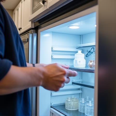 Elk Grove luxury kitchen with Sub-Zero built-in refrigerator being repaired by a technician, showcasing precise work on a high-end appliance.