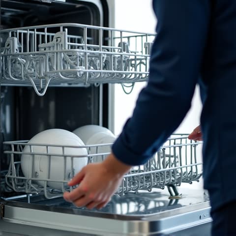 Professional servicing a KitchenAid dishwasher in a Sacramento home. Comprehensive KitchenAid dishwasher service in Sacramento, addressing common issues like drainage problems and ensuring sparkling clean dishes.
