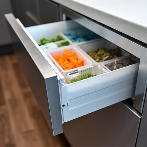 Sub-Zero drawer freezer service in Citrus Heights, technician inspecting a built-in unit for optimal temperature regulation. Focusing on integrated luxury appliances.