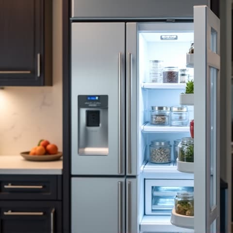 Sub-Zero Refrigerator Repair in Natomas near Sundance Lake. A close-up of a Sub-Zero refrigerator interior, showing a repaired ice maker.